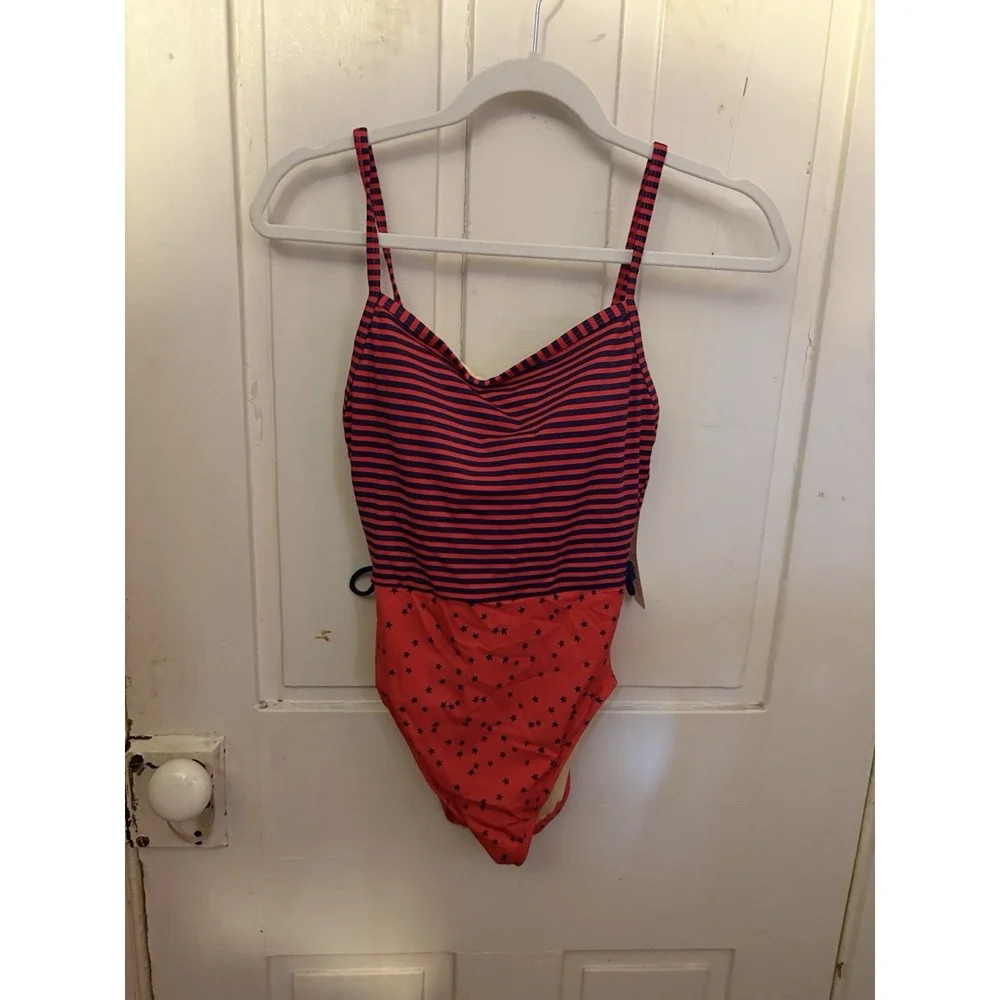 Talbots Miraclesuit One Piece Swimsuit Womens 8 Red Navy Stripe Swimwear NWT